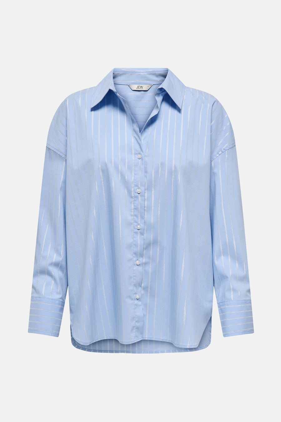 Blauwe blouse met lange mouwen van JDY, met verticale zilveren strepen, knopen en een klassieke kraag.