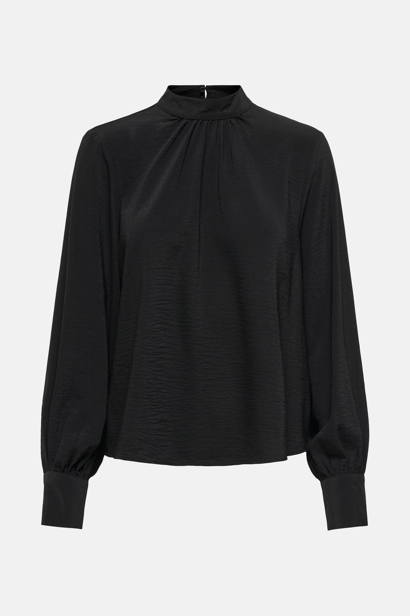 Zwarte blouse met lange mouwen van JDY, met een opstaande kraag en subtiele textuur.