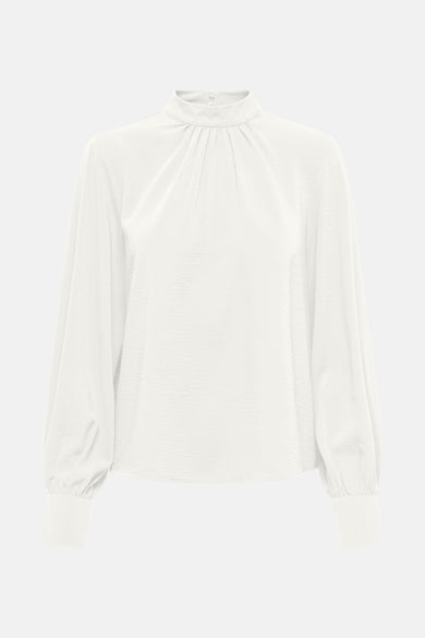 Blouse blanche à manches longues de JDY, avec un col montant boutonné et une texture subtile.
