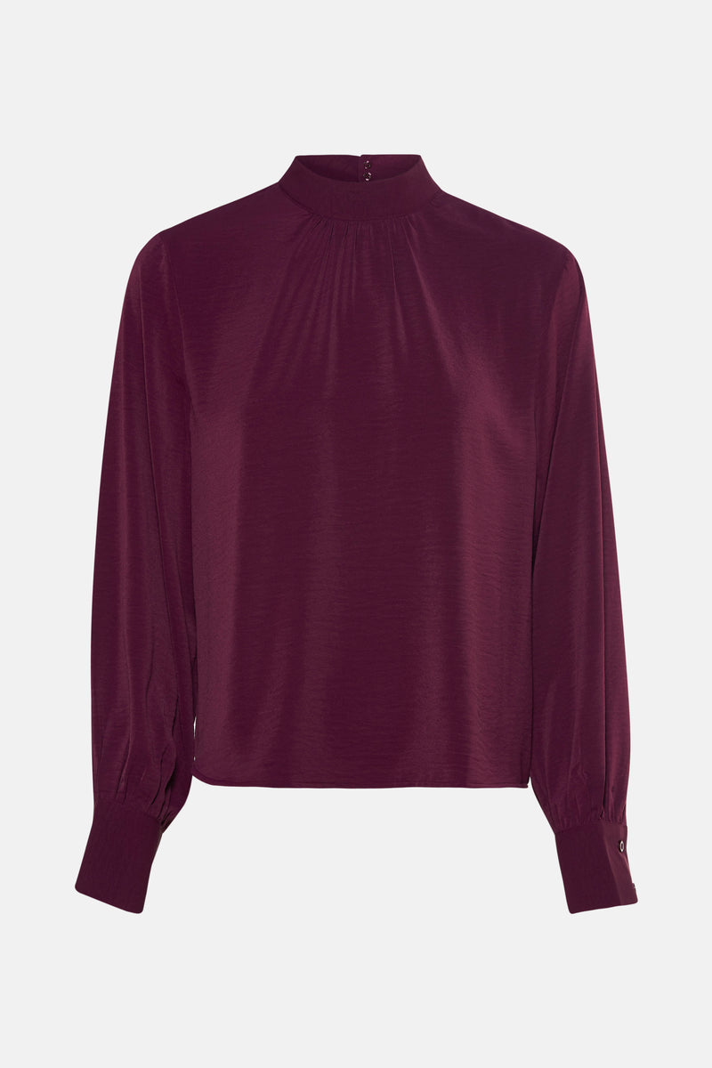 Rode blouse met lange mouwen van JDY, met opstaande kraag en pofmouwen met knoopmanchetten.