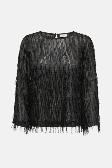Blouse noire à manches longues de JDY, avec des détails en franges texturées.

