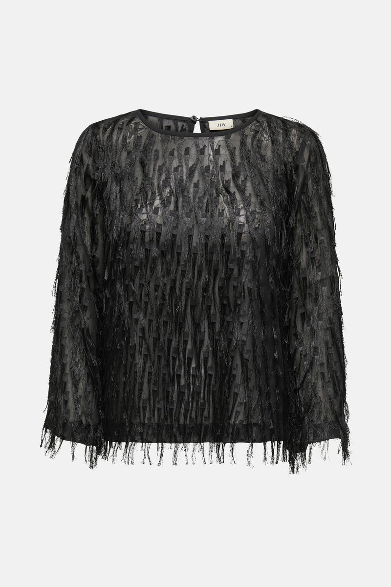 Blouse noire à manches longues de JDY, avec des détails en franges texturées.
