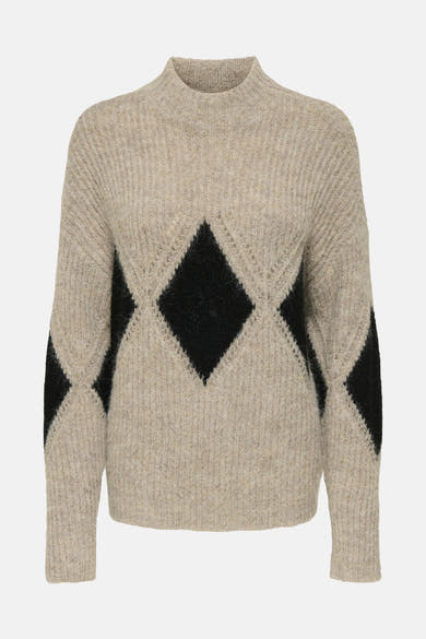 Beige coltrui van JDY met zwarte ruiten op de mouwen, in een getextureerde breisel.
