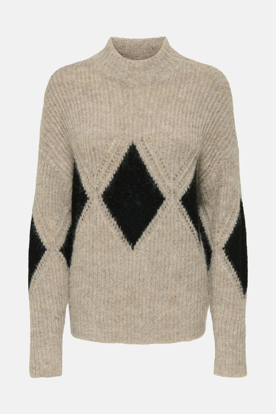 Beige coltrui van JDY met zwarte ruiten op de mouwen, in een getextureerde breisel.