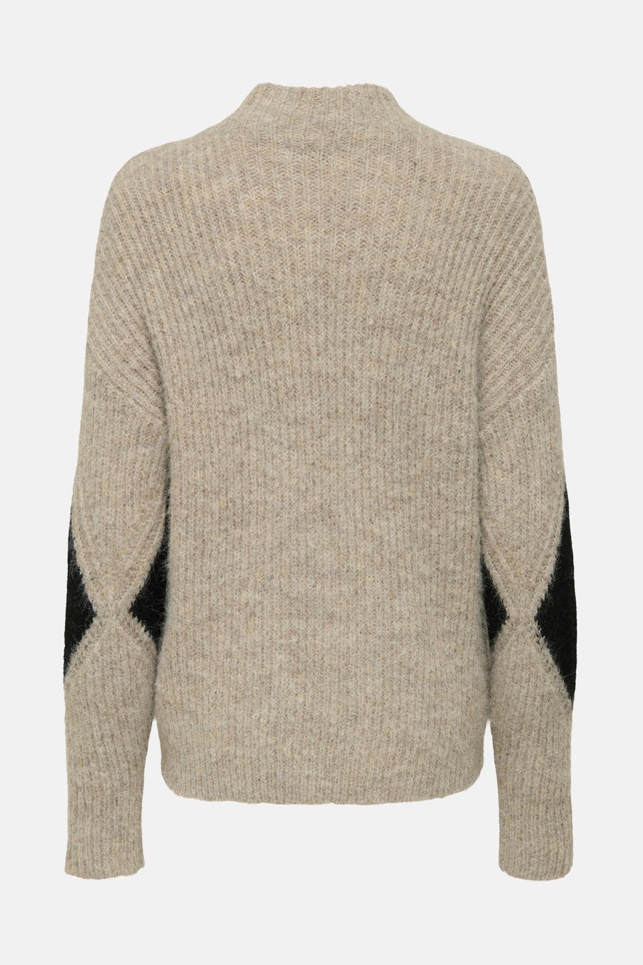 Pull à col roulé beige de JDY avec losanges noirs sur les manches, en tricot texturé.