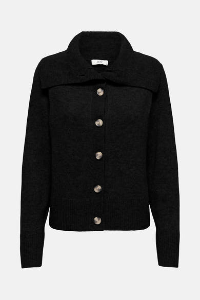 Zwarte gebreide cardigan van JDY, met een sjaalkraag en knoopsluiting aan de voorkant.
