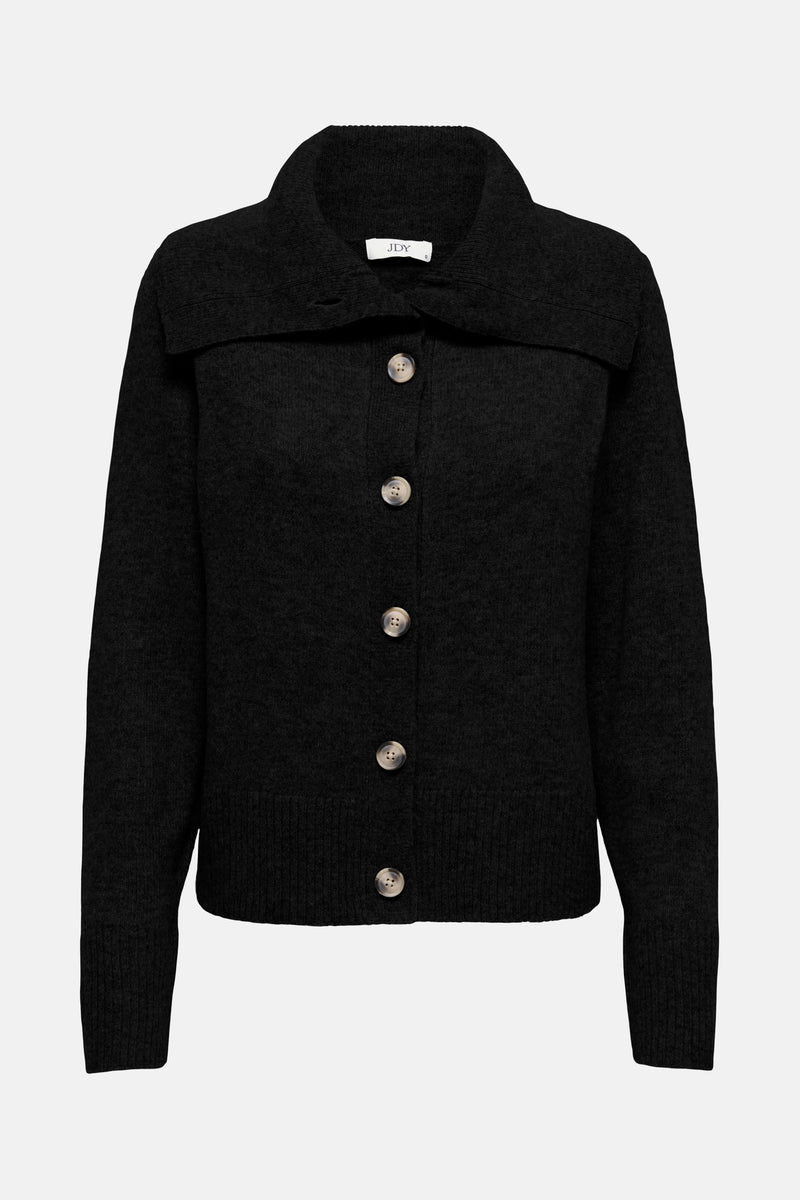 Cardigan noir en maille de JDY, avec un col châle et une fermeture boutonnée sur le devant.