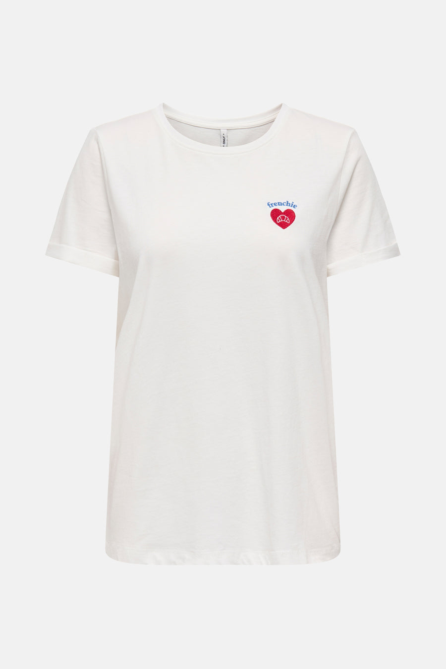 T-shirt blanc à manches courtes de ONLY, avec un motif brodé sur la poitrine.