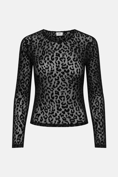 Zwart T-shirt met lange mouwen van JDY, met semi-transparant luipaardpatroon.