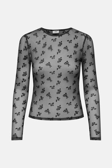 Grijze T-shirt met lange mouwen van JDY, in doorschijnende stof met zwart bloemenpatroon.