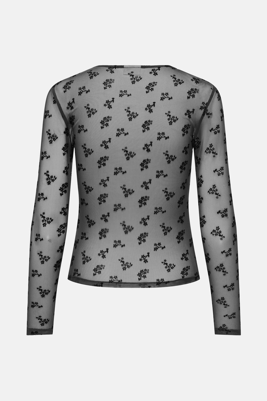 Grijze T-shirt met lange mouwen van JDY, in zwarte bloemenmesh, achterzijde.