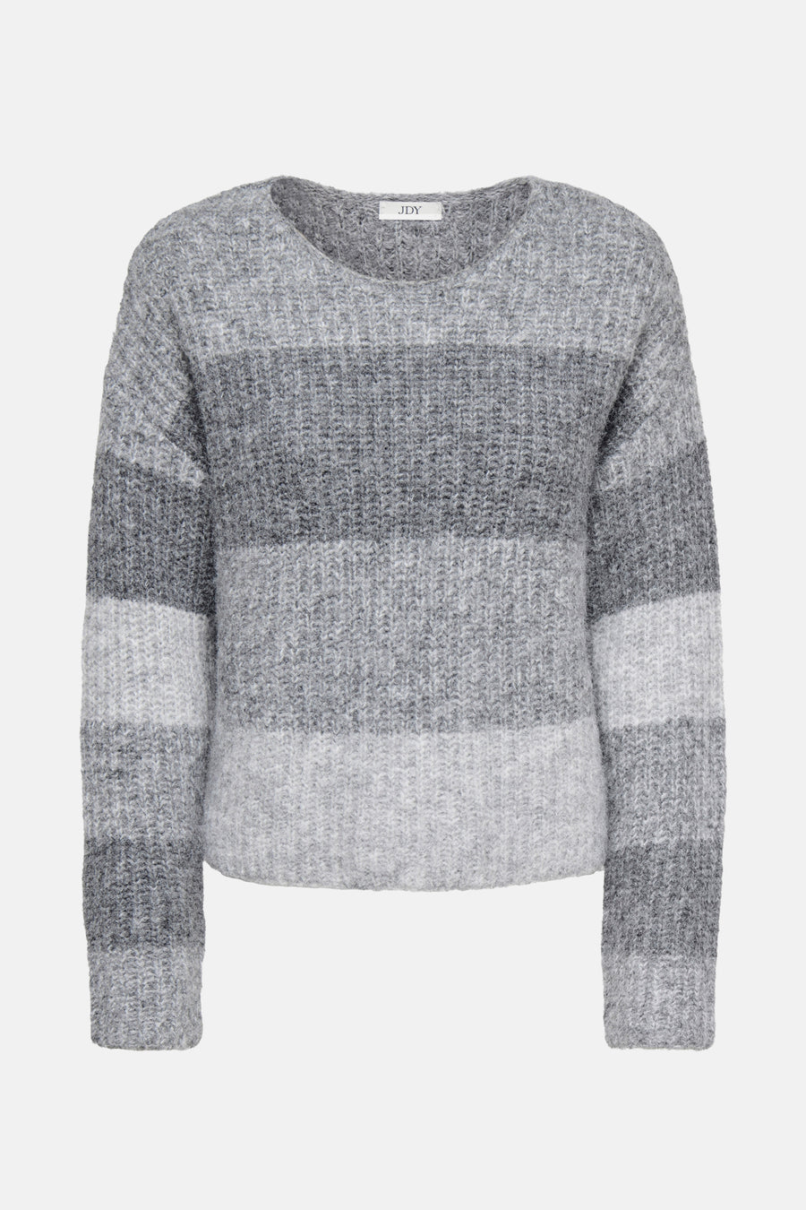 Pull col rond en tricot multicolore de JDY, avec des rayures horizontales grises de différentes nuances.