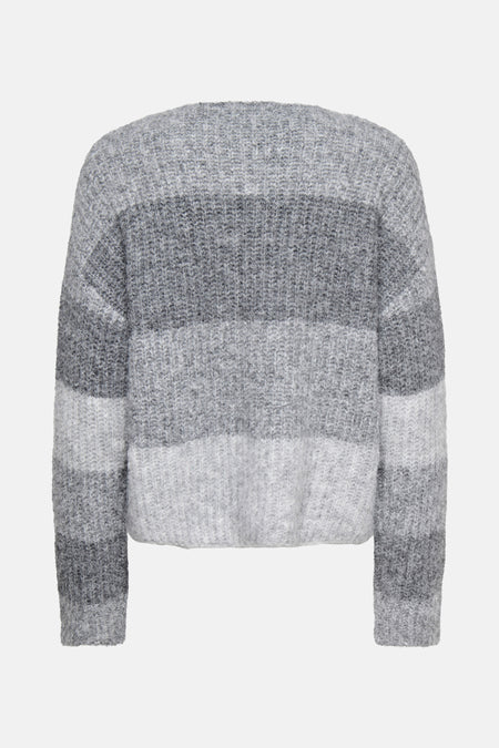 Pull à col rond en maille multicolore de JDY, avec rayures horizontales en différentes nuances de gris.