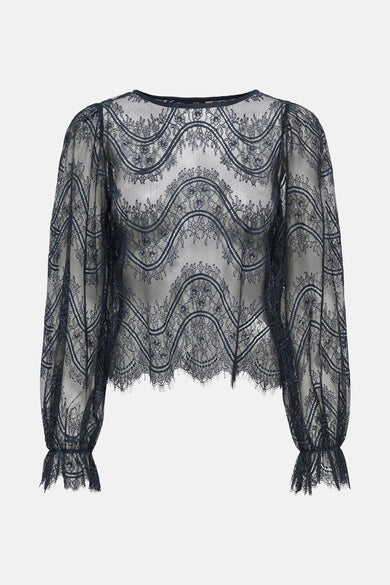 JDY blauw T-shirt met lange mouwen van kant, met een golvend bloemenpatroon en pofmouwen.