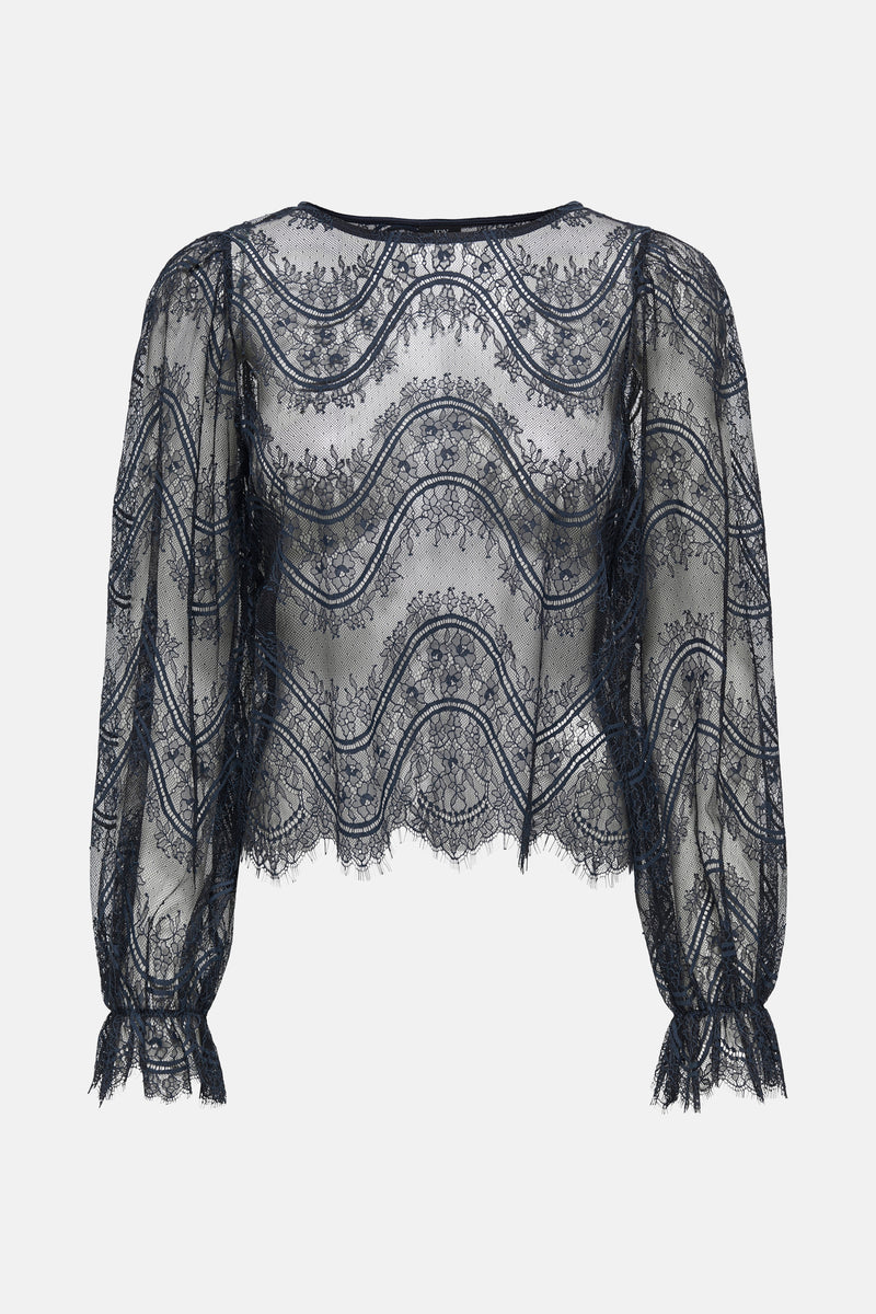 JDY blauw T-shirt met lange mouwen van kant, met een golvend bloemenpatroon en pofmouwen.