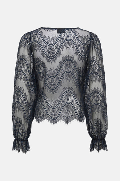 T-shirt à manches longues bleu en dentelle de JDY, avec un motif floral ondulé et des manches bouffantes.
