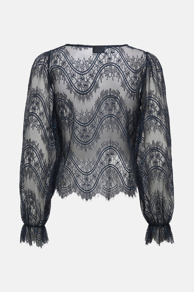 T-shirt à manches longues bleu en dentelle de JDY, avec un motif floral ondulé et des manches bouffantes.
