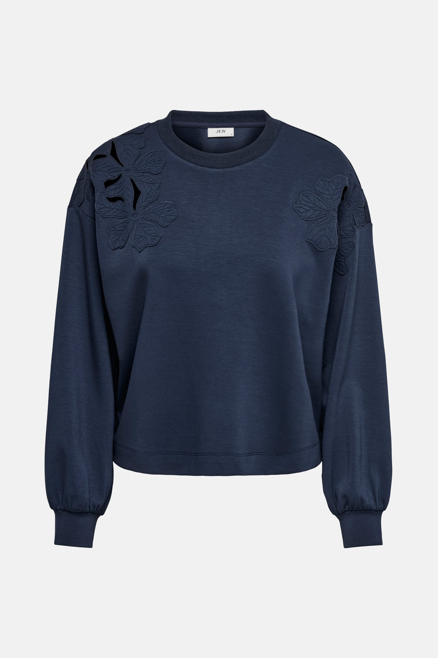 Blauwe sweater van JDY met getextureerd detail op de schouder en aansluitende lange mouwen, achterzijde.