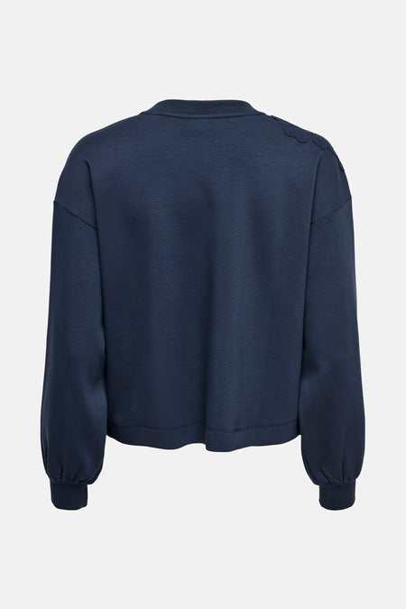 Sweat-shirt bleu de JDY avec détail texturé sur l'épaule et manches longues resserrées, vue arrière.