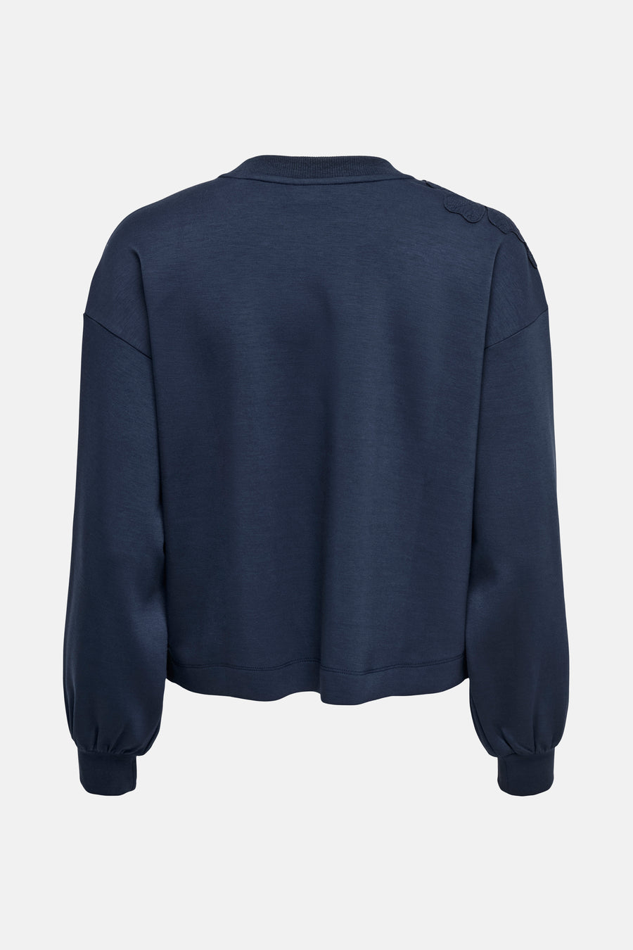 Sweat-shirt bleu de JDY avec détail texturé sur l'épaule et manches longues resserrées, vue arrière.