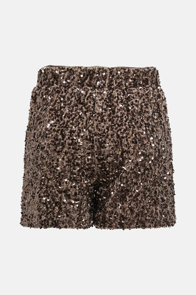 Korte bruine paillettenrok van ONLY, met elastische tailleband en glanzende textuur.