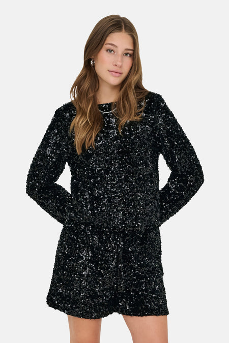 Zwarte blouse met lange mouwen van ONLY, met sprankelende pailletten en een korte pasvorm.