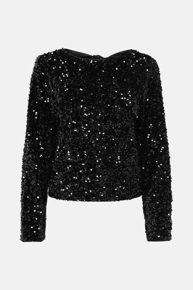 Zwarte blouse met lange mouwen van ONLY, volledig bedekt met glinsterende pailletten.