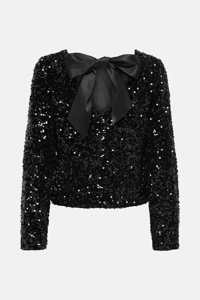 Zwarte blouse met lange mouwen van ONLY®, versierd met glinsterende pailletten en een decoratieve satijnen strik.
