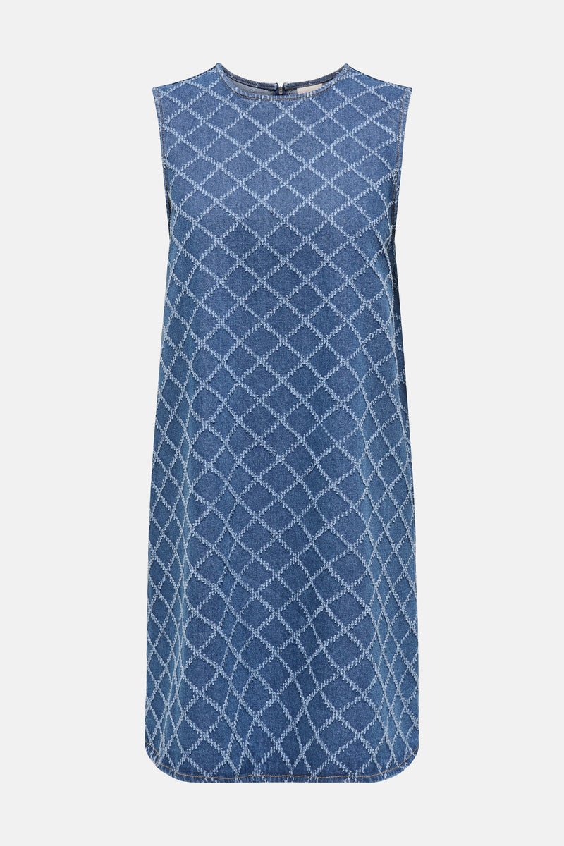 JDY middendonkerblauwe spijkerjurk met all-over textuur ruitpatroon.