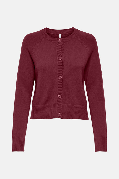 Cardigan bordeaux en maille par ONLY, avec une fermeture boutonnée sur le devant.