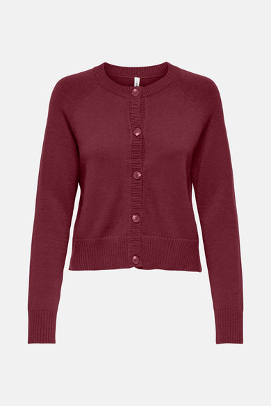 Cardigan bordeaux en maille par ONLY, avec une fermeture boutonnée sur le devant.