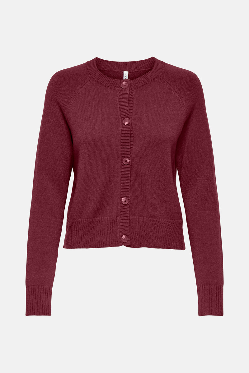 Cardigan bordeaux en maille par ONLY, avec une fermeture boutonnée sur le devant.