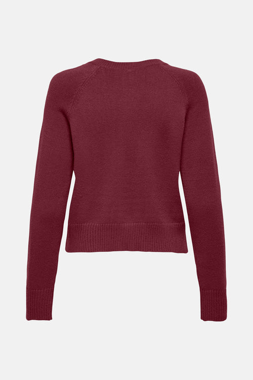 Cardigan bordeaux de ONLY®, en maille unie à manches longues et coupe courte, vue de dos.
