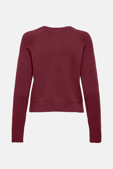 Cardigan bordeaux de ONLY®, en maille unie à manches longues et coupe courte, vue de dos.
