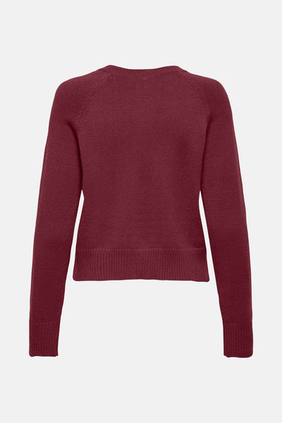 Cardigan bordeaux de ONLY®, en maille unie à manches longues et coupe courte, vue de dos.
