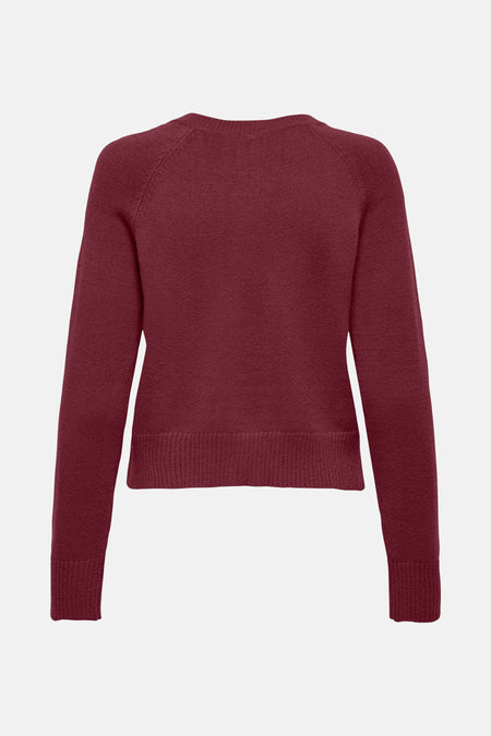 Cardigan bordeaux de ONLY®, en maille unie à manches longues et coupe courte, vue de dos.
