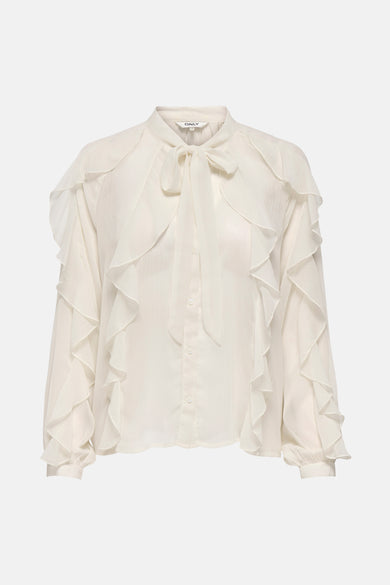 Ecru blouse met lange mouwen van ONLY, met strikkraag en decoratieve ruches.