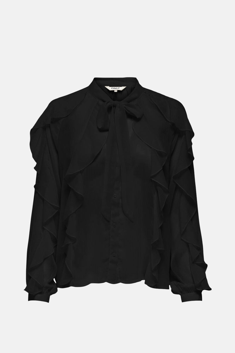 Zwarte blouse met lange mouwen van ONLY, versierd met decoratieve ruches en een strik bij de kraag.