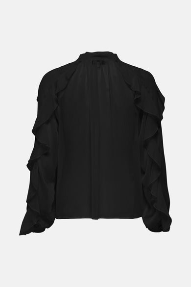 Zwarte blouse met lange mouwen van ONLY, met ruchesdetails op de mouwen en een opstaande kraag.