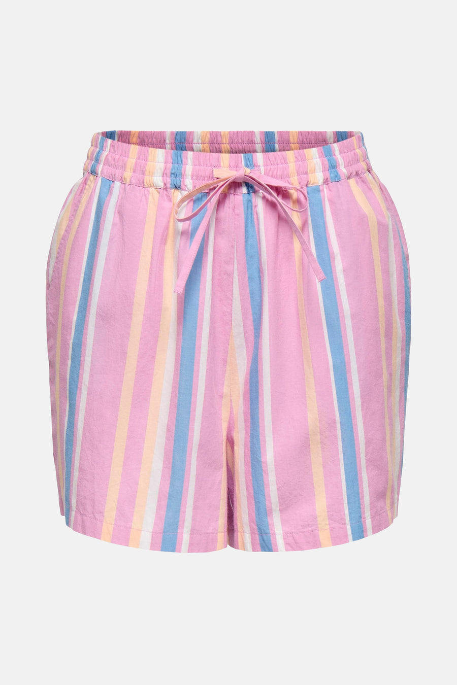 Korte meerkleurige short van ONLY®, met verticale strepen in roze, lichtblauw, pastelgeel en wit.