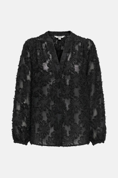 Zwarte blouse met lange mouwen van ONLY, met getextureerd bloemenpatroon.
