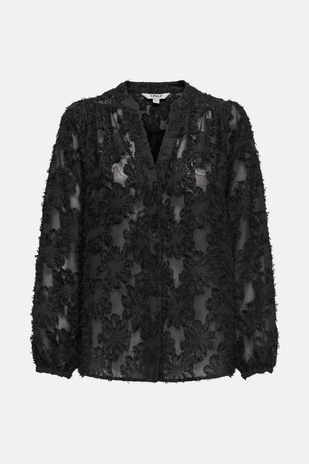 Zwarte blouse met lange mouwen van ONLY, met getextureerd bloemenpatroon.