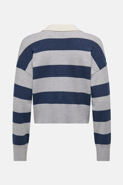 Pull rayé bleu et gris par ONLY, avec un col couleur crème, vue de dos.
