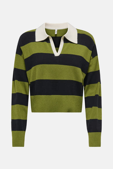 Gestreept groen en zwart T-shirt met polokraag van ONLY, met een witte kraag.