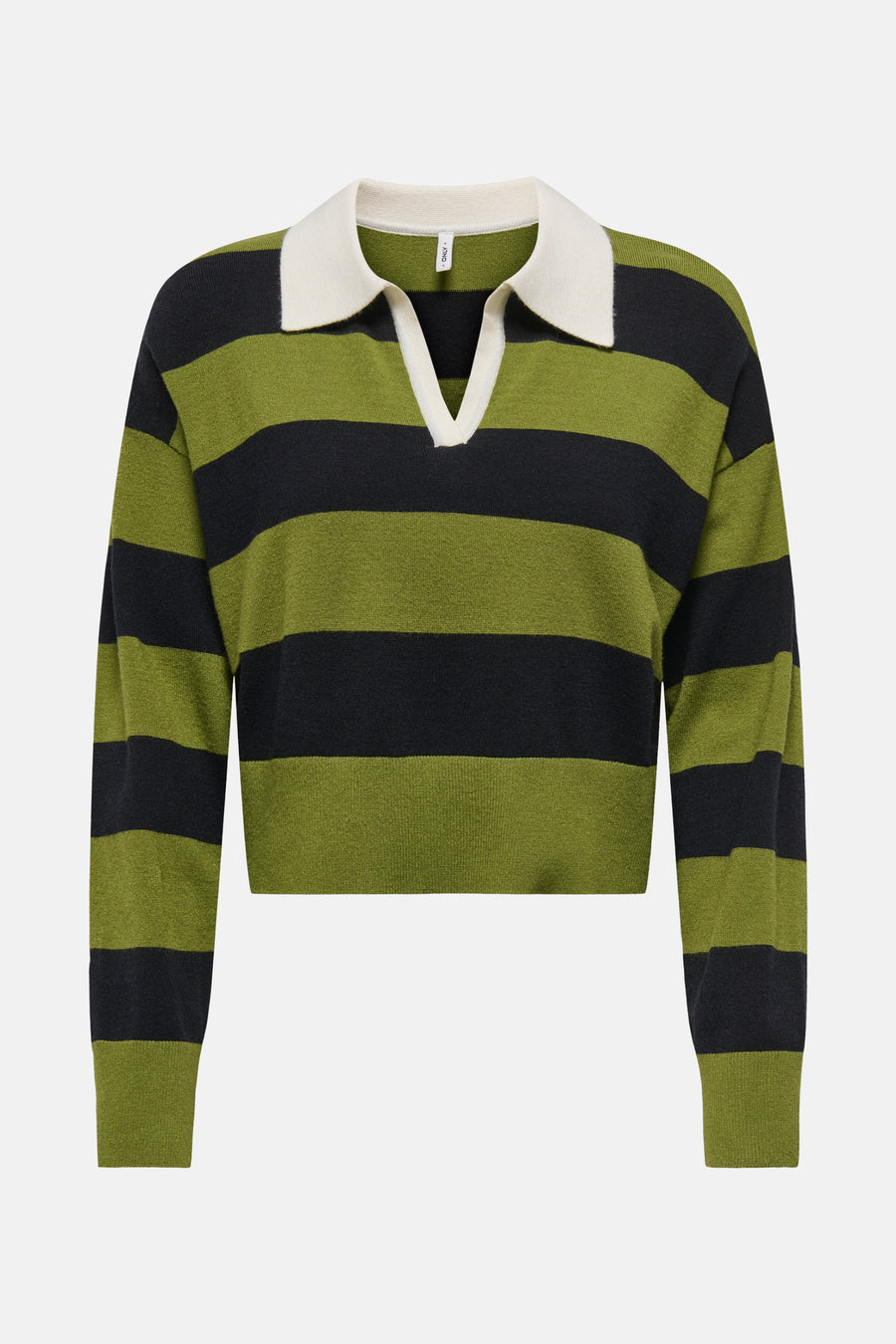 Gestreept groen en zwart T-shirt met polokraag van ONLY, met een witte kraag.