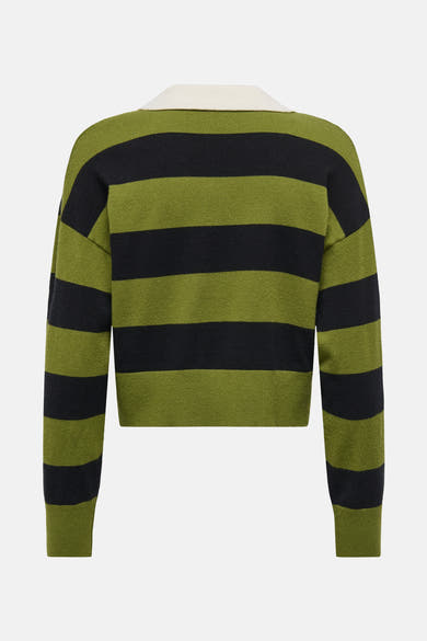 Groene trui met zwarte strepen van ONLY, met een witte kraag.