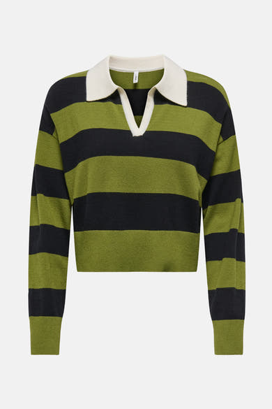 Gestreept groen en zwart shirt van ONLY, met een witte polokraag.