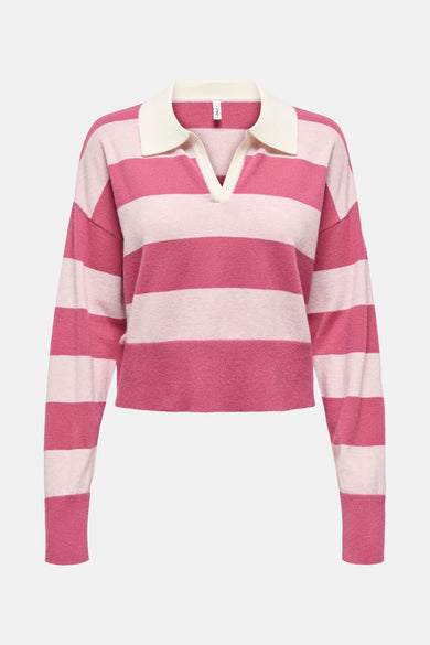 Roze gestreepte trui met overhemdkraag ONLY®, achterzijde.