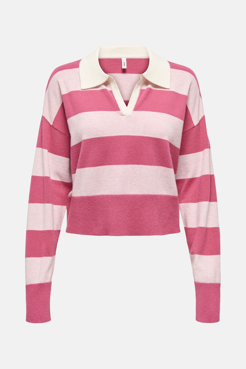 Roze gestreepte trui met overhemdkraag ONLY®, achterzijde.