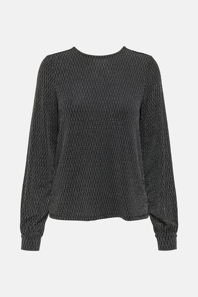 Zwarte blouse met lange mouwen van ONLY, met een geometrisch patroon en een licht glanzende textuur.